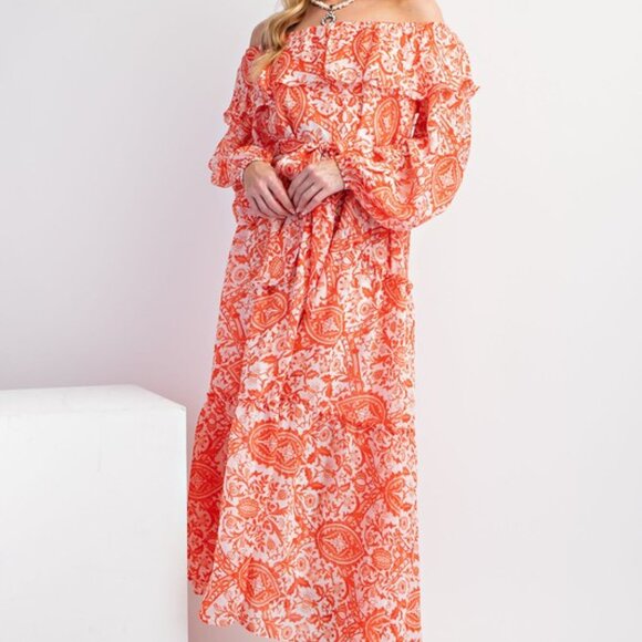 Easel Sunset Orange Printed Off-Shoulder Maxi Dress NWT L - Picture 5 of 10